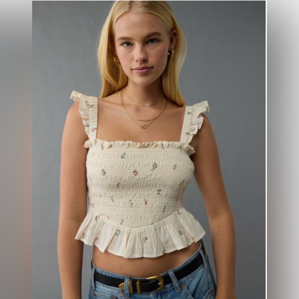 American Eagle Outfitters Cream Floral Smocked Ruffle Crop Top